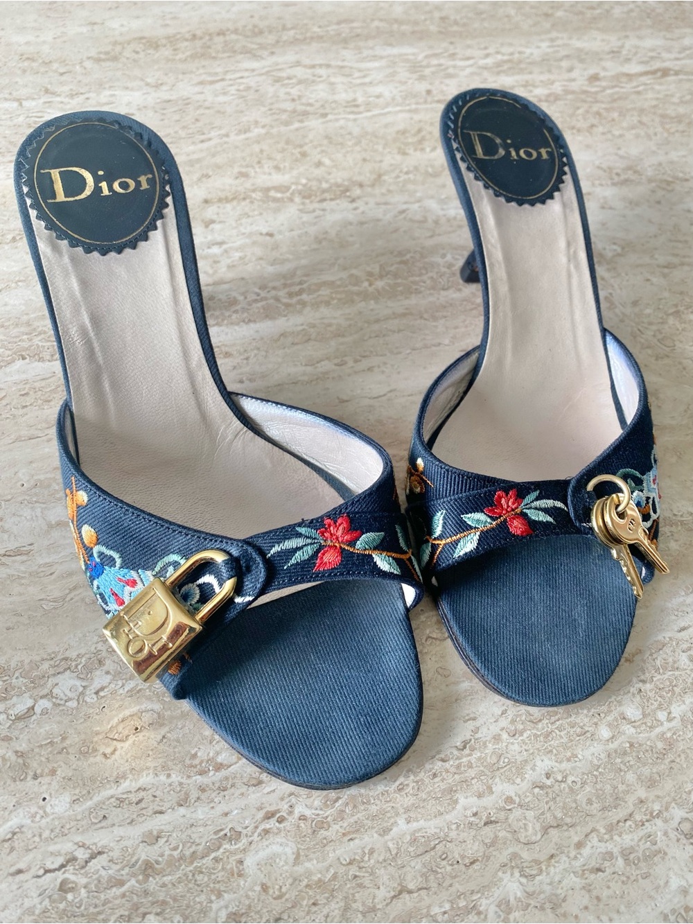 Vintage Dior Embroidered Key Lock Mule Kitten Heel Sandals - Picture 6 of 11